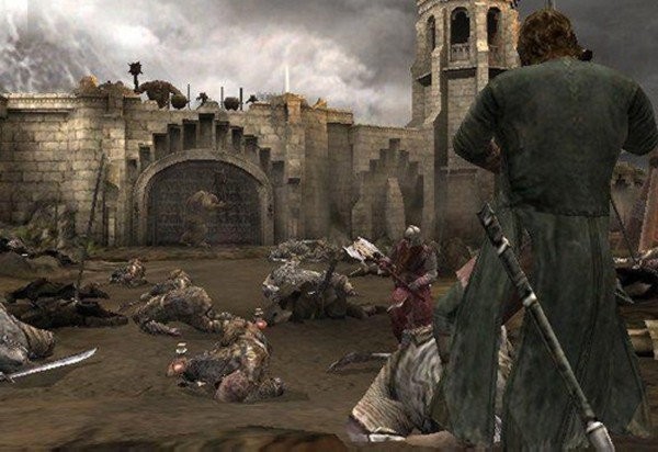 Aragorn devant une porte fortifiée, entouré d’orques à terre, capture du Retour du roi