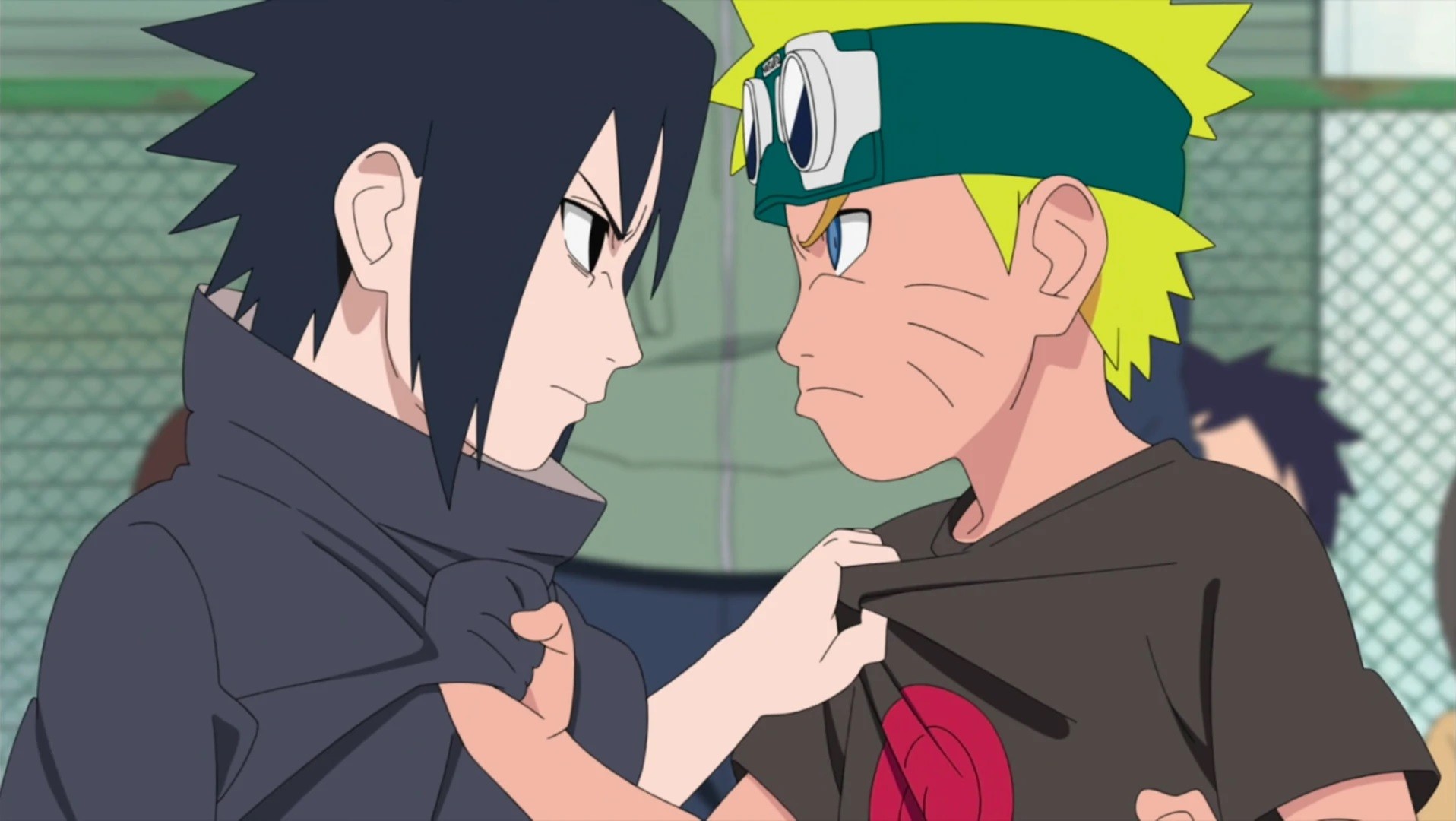 Capture de l’anime Naruto&nbsp;: Naruto et Sasuke enfants s’agrippent par le col, front contre front