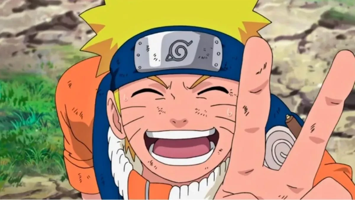 Capture de l’anime Naruto&nbsp;: Naruto, bandeau de Konoha au front, rit en faisant le signe de la victoire
