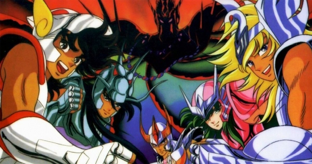 Illustration des Chevaliers du Zodiaque&nbsp;: Seiya, Shiryu, Hyoga, Shun et Ikki en armure
