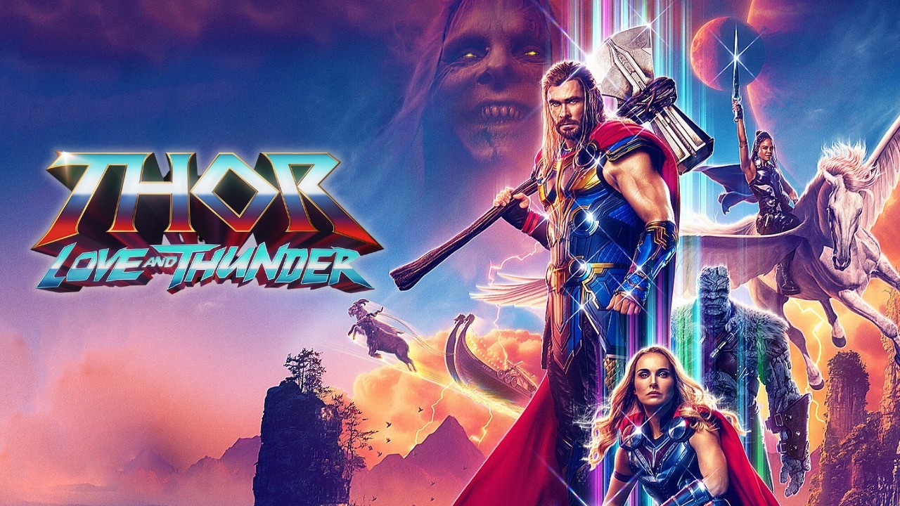 Affiche de Thor&nbsp;: Love and Thunder avec Thor, Jane Foster, Valkyrie, Korg et Gorr