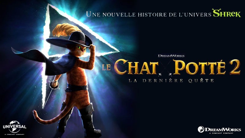 Bannière du Chat Potté 2&nbsp;: la dernière quête, le Chat de dos en cape et chapeau à plume