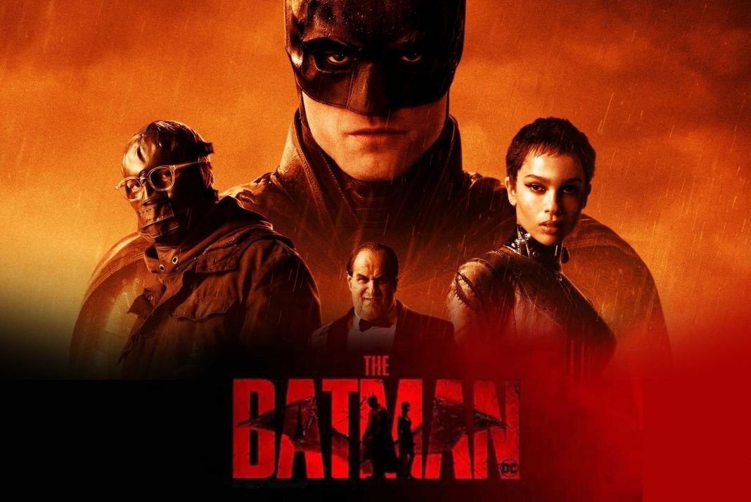 Affiche de The Batman&nbsp;: Batman entouré du Sphinx, du Pingouin et de Catwoman
