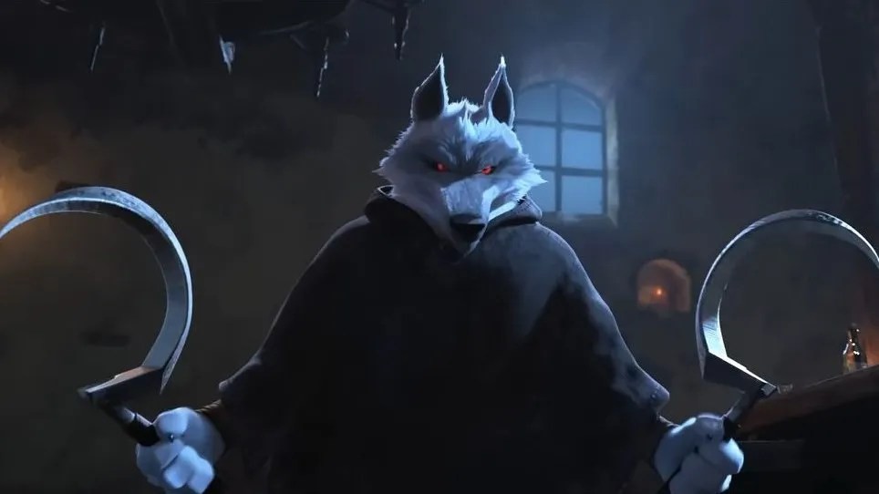 Le Loup, capuche noire et yeux rouges, brandit deux faucilles