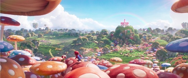 Mario contemple le royaume Champignon et le château de Peach depuis des champignons géants