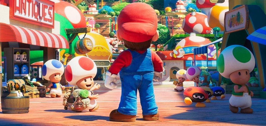 Mario, de dos, découvre le royaume Champignon entouré de Toad