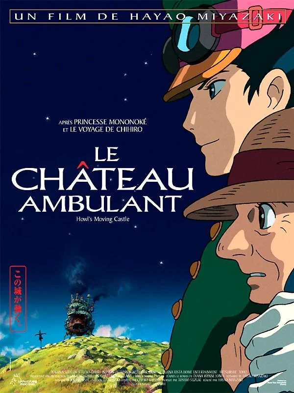 Affiche du Château ambulant&nbsp;: Hauru et Sophie âgée de profil, le château au loin