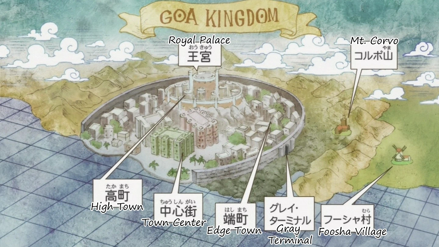 Carte du royaume de Goa dans l’anime One Piece, avec le village de Fuchsia