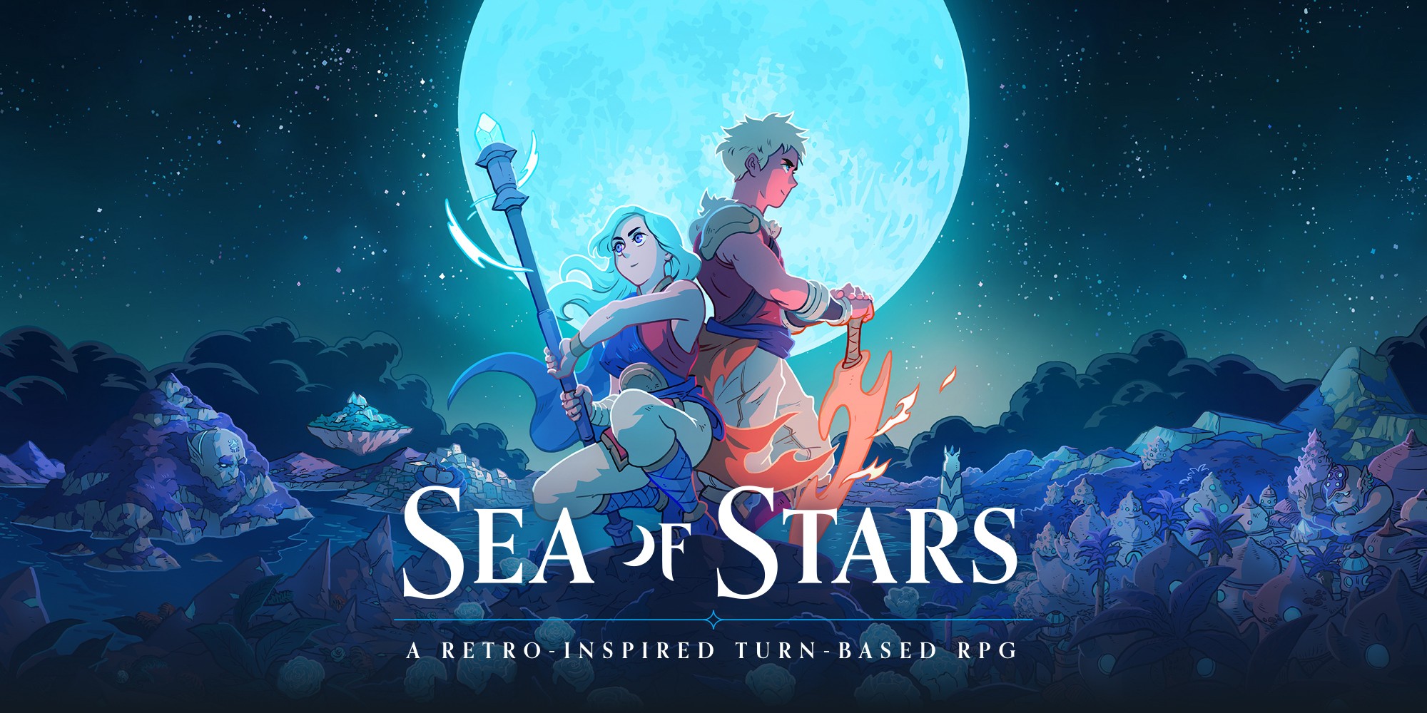 Affiche de Sea of Stars&nbsp;: deux héros dos à dos, bâton et épée enflammée en main, devant une pleine lune