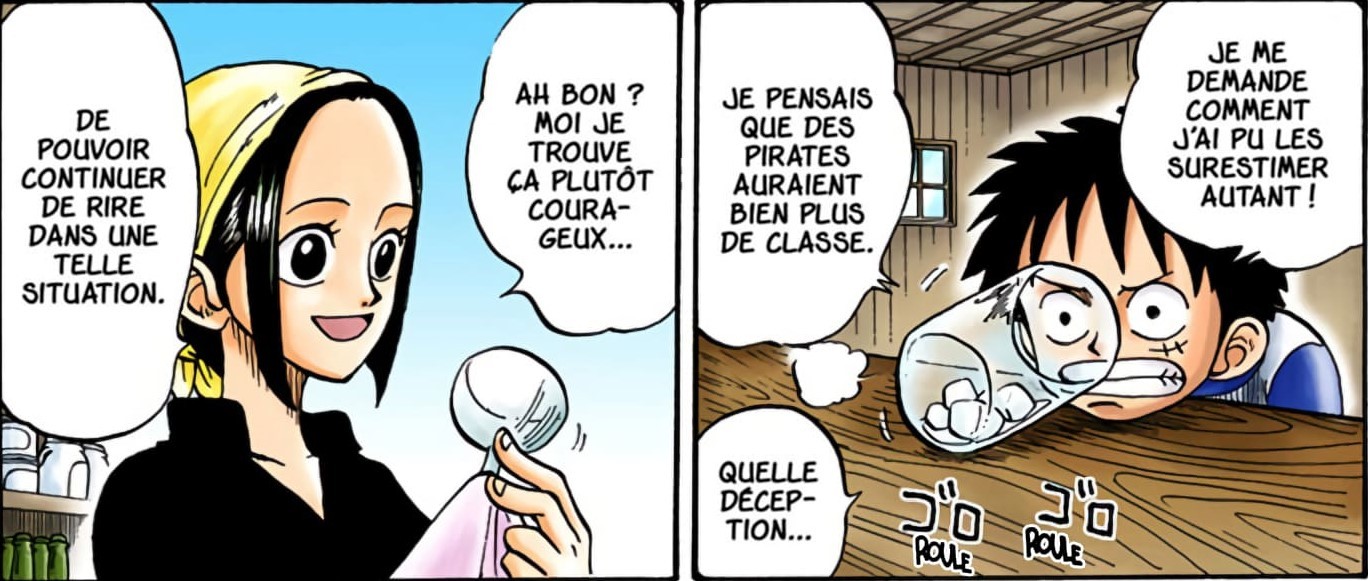Cases du chapitre 1 de One Piece&nbsp;: Makino trouve courageux de rire, Luffy déçu au comptoir