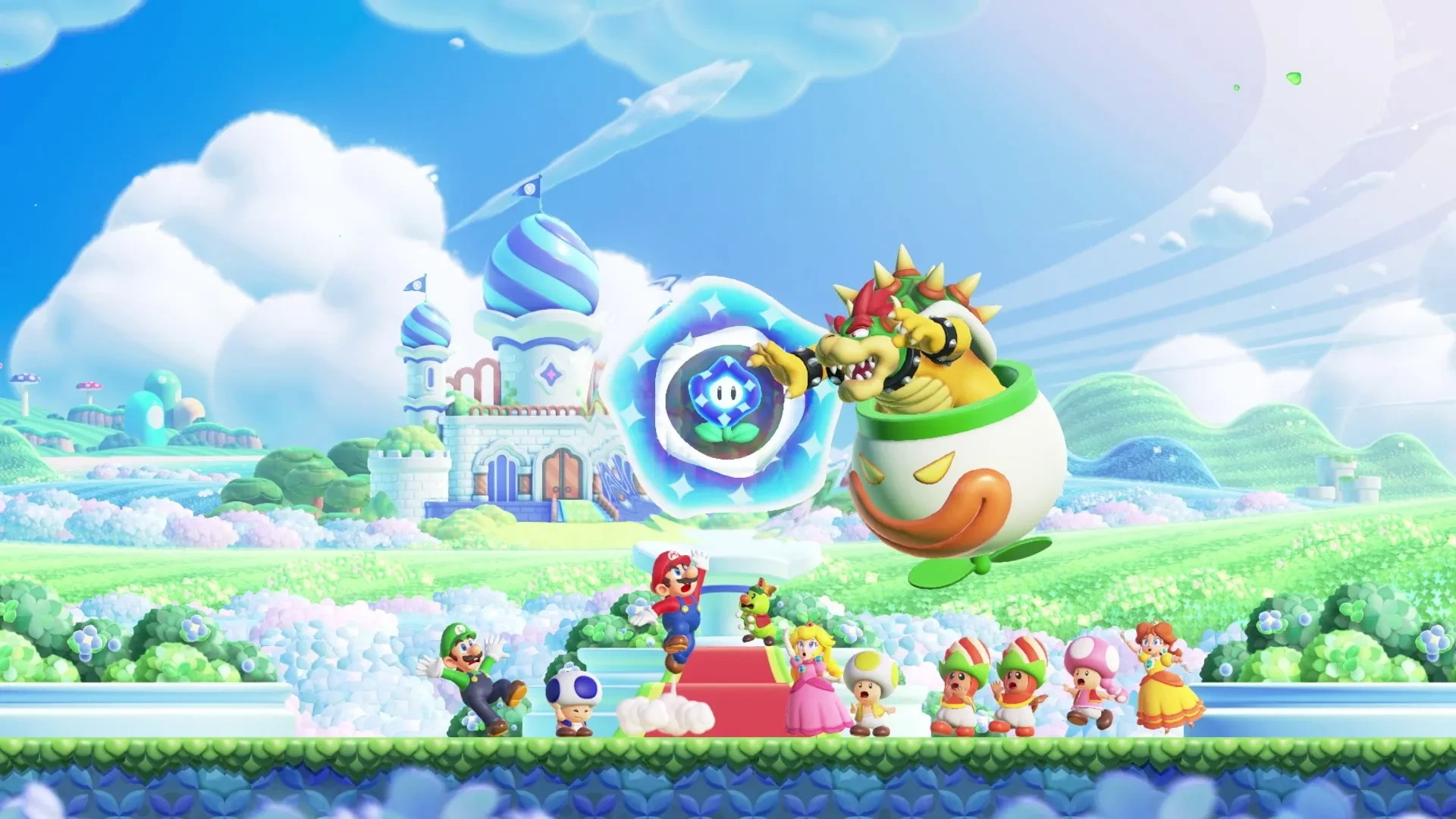 Bowser dans sa Clown Car s’empare d’une fleur prodige devant le château, sous les yeux de Mario et ses amis