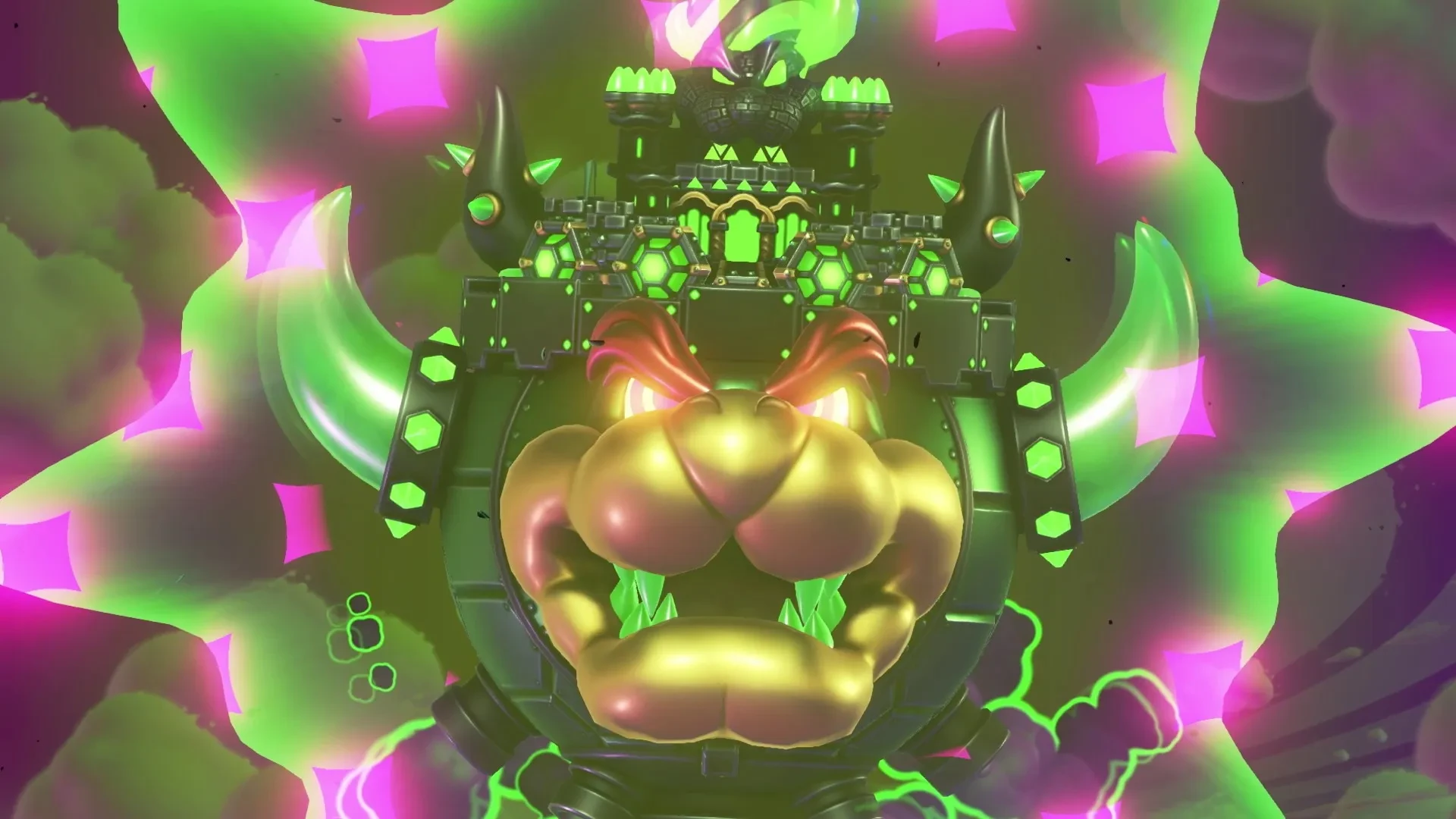 Le château de Bowser fusionné avec sa propre tête, entouré d’un halo vert et violet
