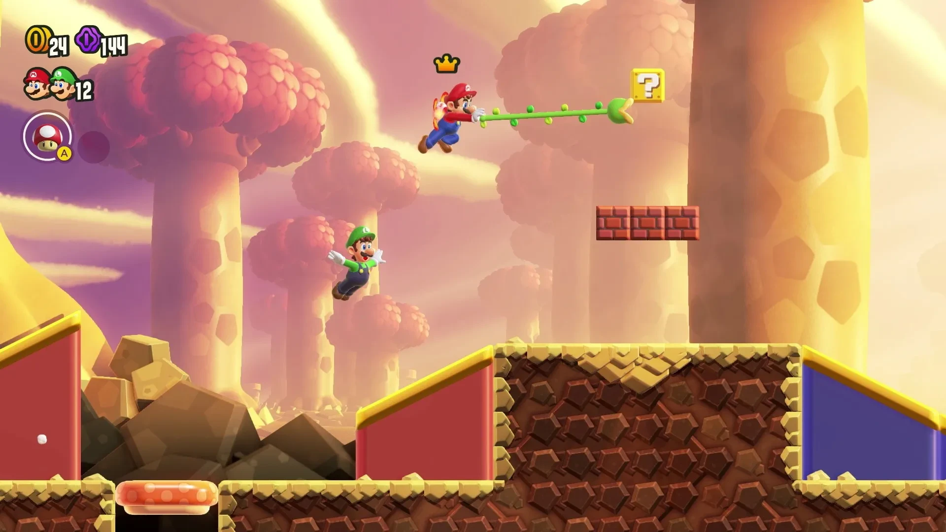 Mario et Luigi sautent ensemble dans un niveau en coopération