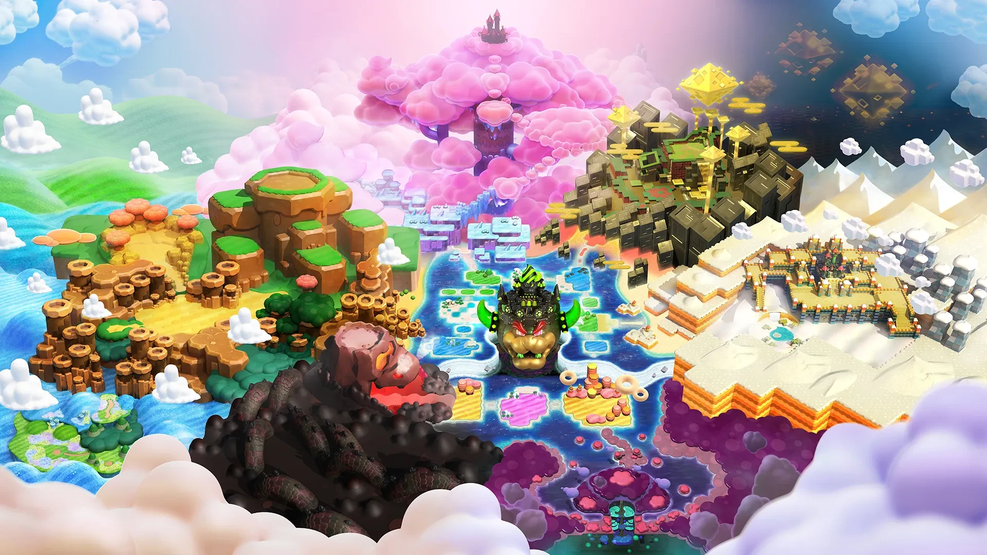 Carte du Royaume des Fleurs et de ses régions, avec le château de Bowser au centre