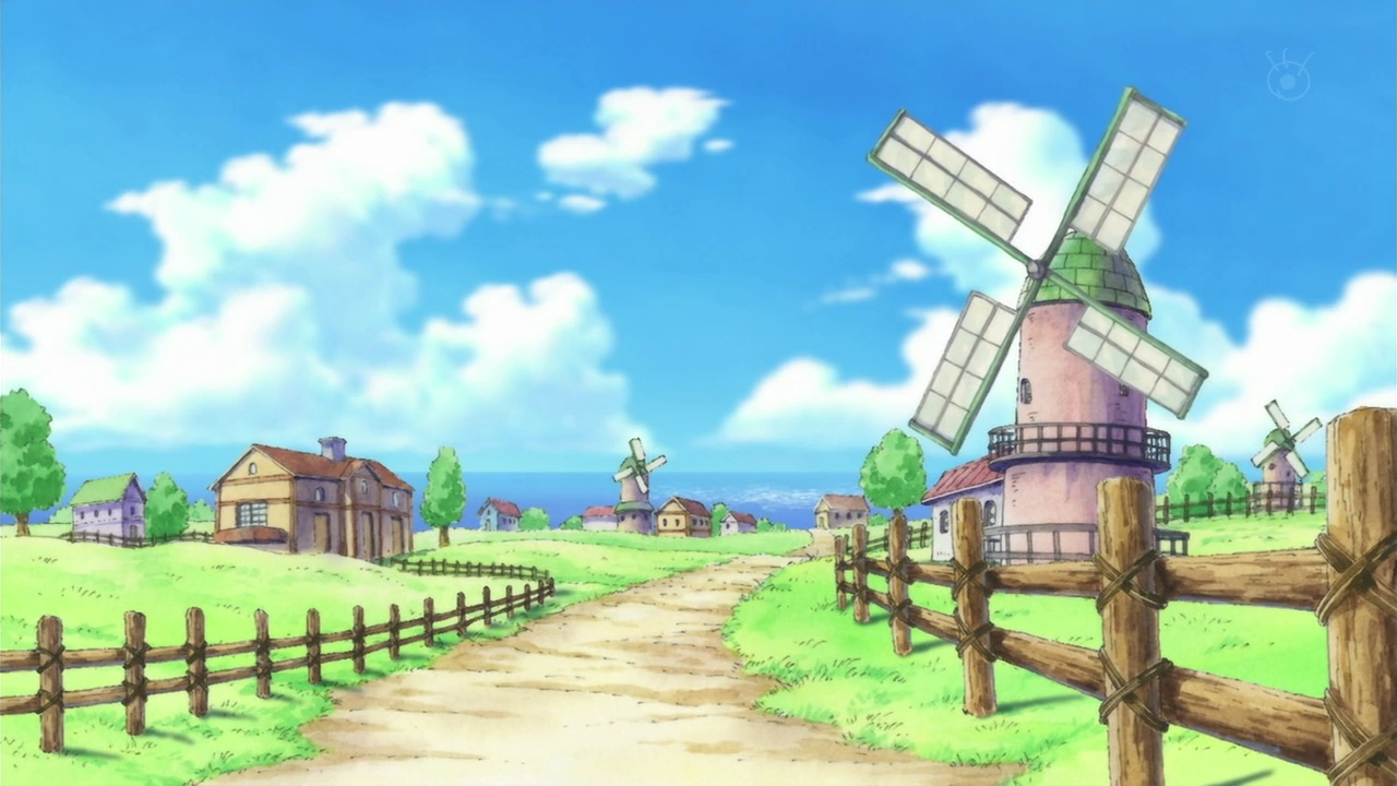 Décor de l’anime One Piece&nbsp;: chemin de campagne bordé de moulins au village de Fuchsia