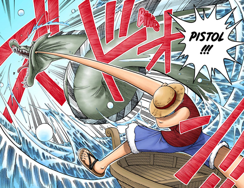 Case du chapitre 1 de One Piece&nbsp;: Luffy frappe un monstre marin d’un Gum-Gum Pistol