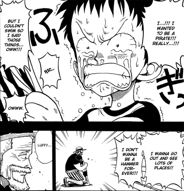 Case du one shot Romance Dawn&nbsp;: Luffy en larmes avoue qu’il ne sait pas nager, devant Garp
