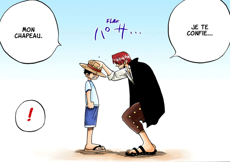 Case du chapitre 1 de One Piece&nbsp;: Shanks pose son chapeau de paille sur la tête de Luffy