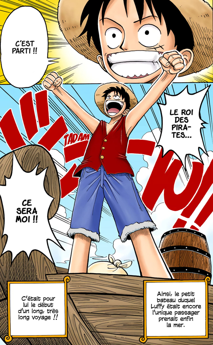 Case du chapitre 1 de One Piece&nbsp;: Luffy, sur sa barque, proclame qu’il sera le Roi des pirates