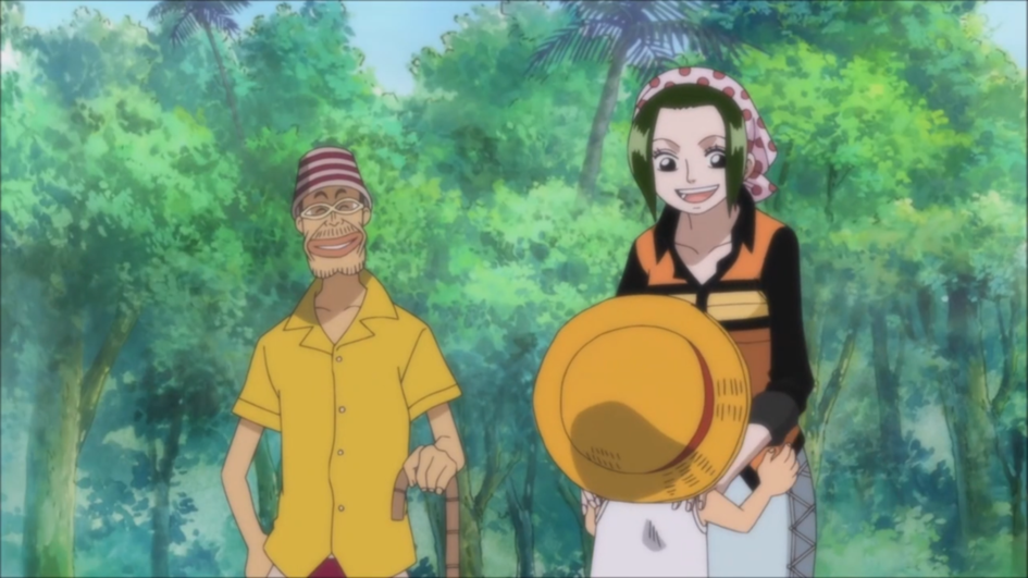 Capture de l’anime One Piece&nbsp;: le maire du village et Makino, serrée par un enfant au chapeau de paille