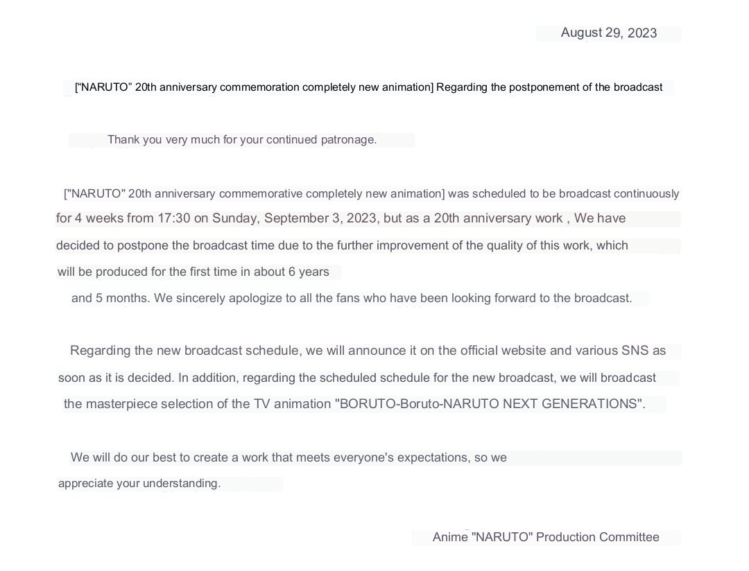 Communiqué du comité de production de Naruto annonçant le report de la diffusion du remake