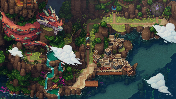Vue aérienne d’un village côtier dominé par un dragon rouge, en pixel art