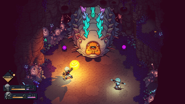 Deux héros affrontent une énorme larve à pointes dans une grotte, en pixel art