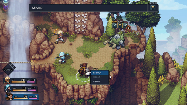 Combat au tour par tour en pixel art sur un plateau rocheux, menu d’attaque affiché