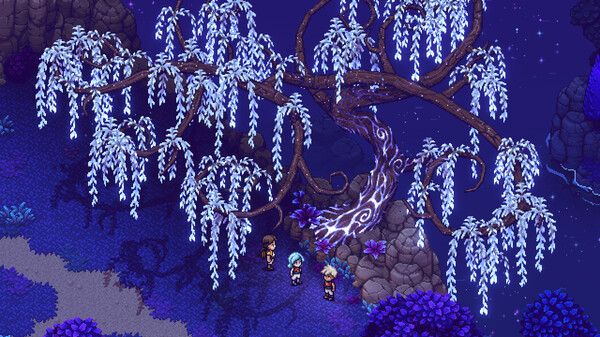 Trois personnages au pied d’un grand arbre aux feuilles lumineuses, de nuit