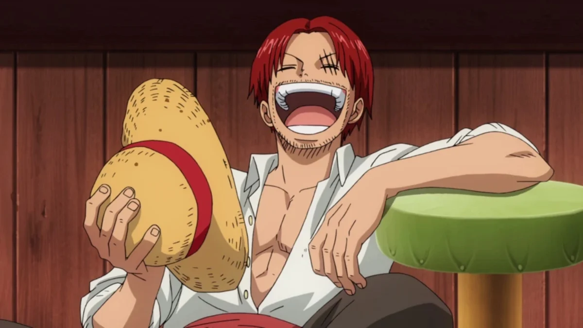 Capture de l’anime One Piece&nbsp;: Shanks éclate de rire, le chapeau de paille à la main