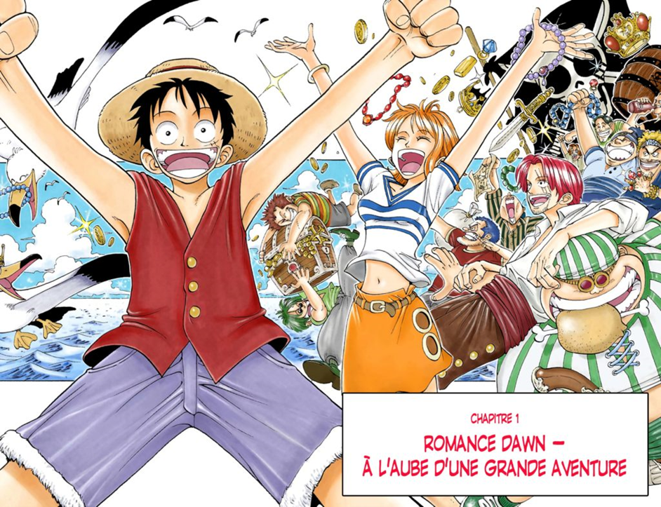 Page couleur du chapitre 1 de One Piece, Romance Dawn&nbsp;: Luffy, Nami, Shanks et des pirates en fête