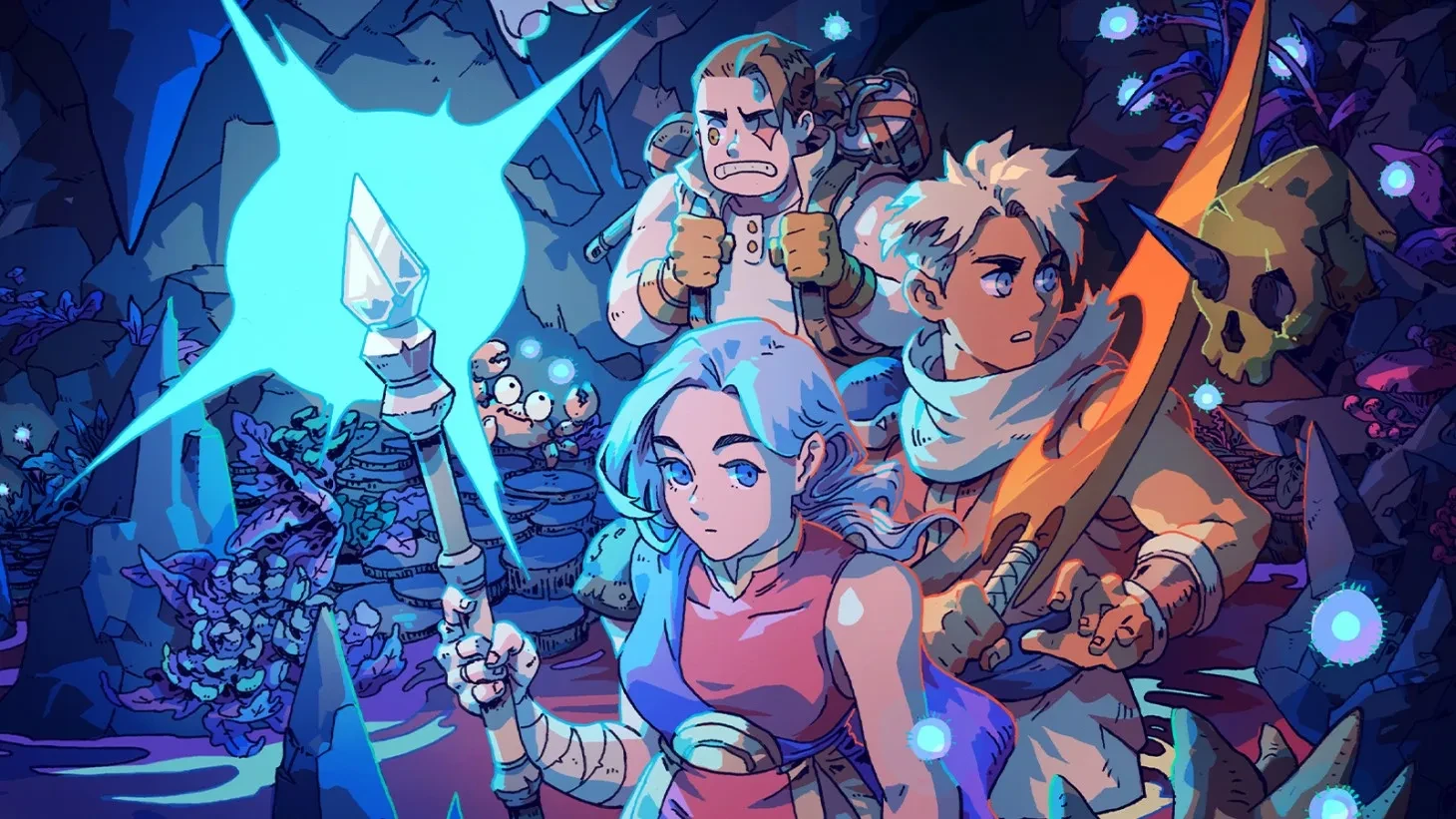 Illustration de Sea of Stars&nbsp;: trois aventuriers avancent dans une grotte éclairée par un bâton magique