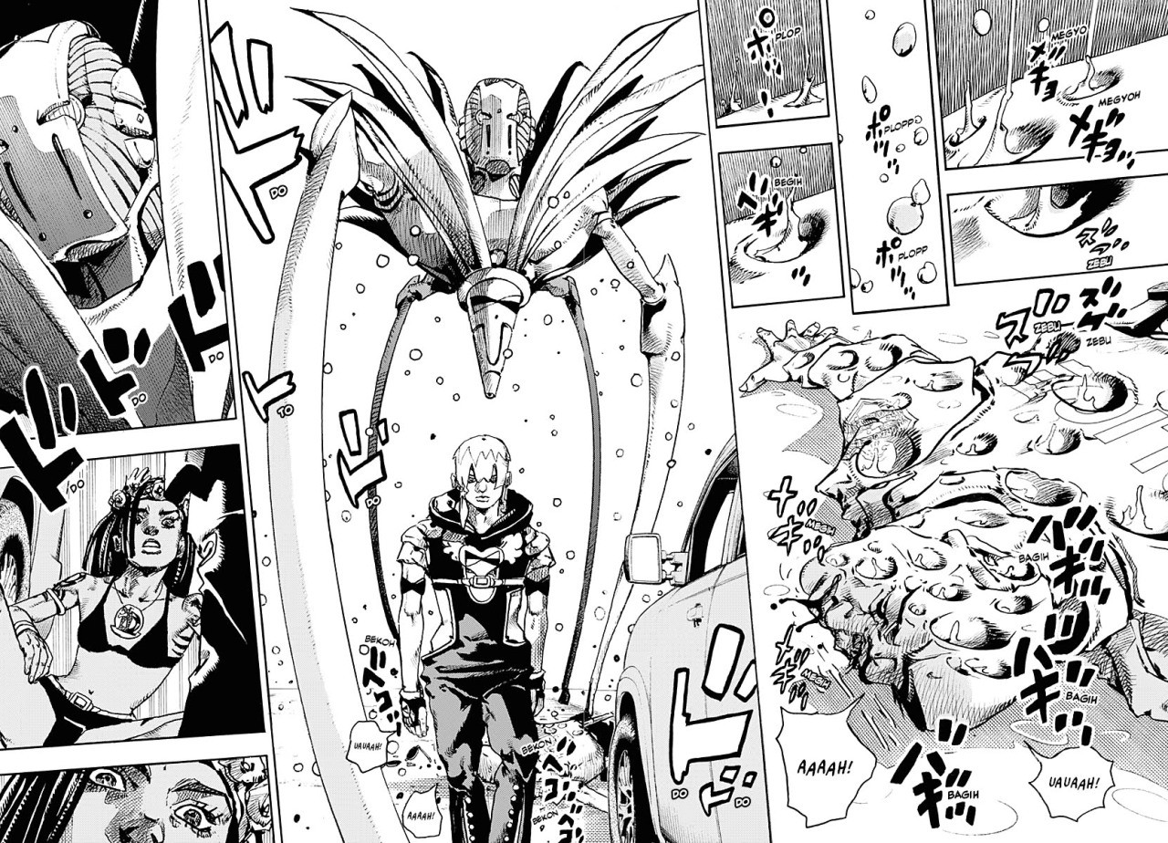 Double page en noir et blanc de The JOJOLands&nbsp;: Jodio Joestar avance sous un stand, des gouttes écrasant un adversaire