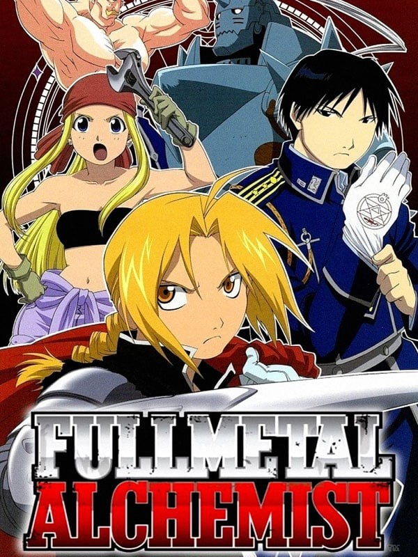 Affiche de l’anime Fullmetal Alchemist&nbsp;: Edward entouré d’Alphonse, Winry, Roy Mustang et Armstrong