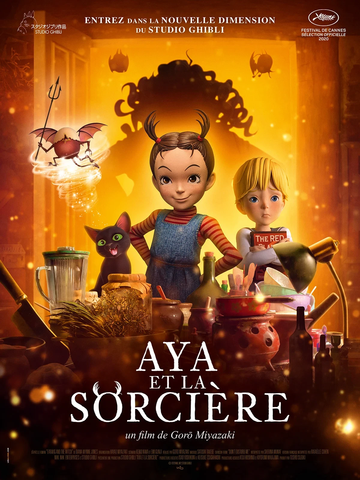 Affiche d’Aya et la Sorcière, film de Goro Miyazaki : Aya, un garçon blond et un chat noir