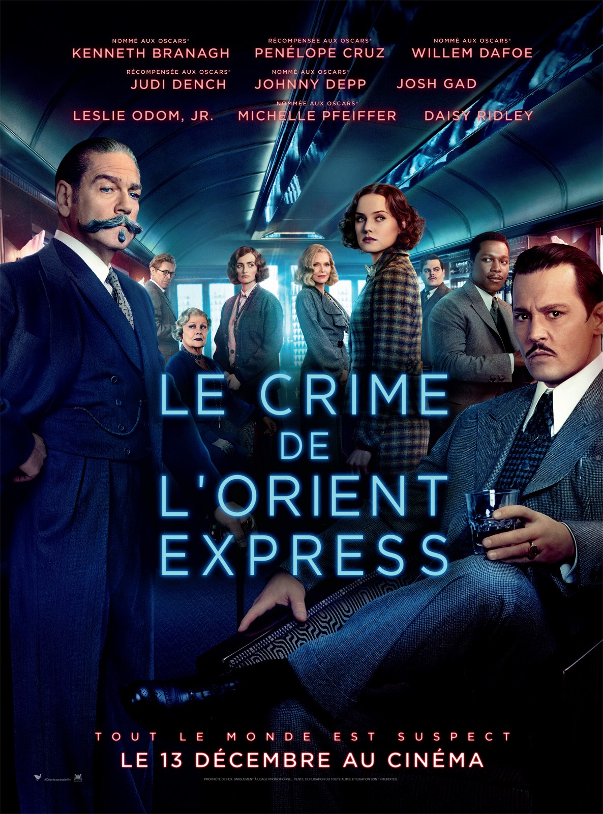 Affiche du Crime de l’Orient-Express&nbsp;: Hercule Poirot et les passagers dans un wagon du train