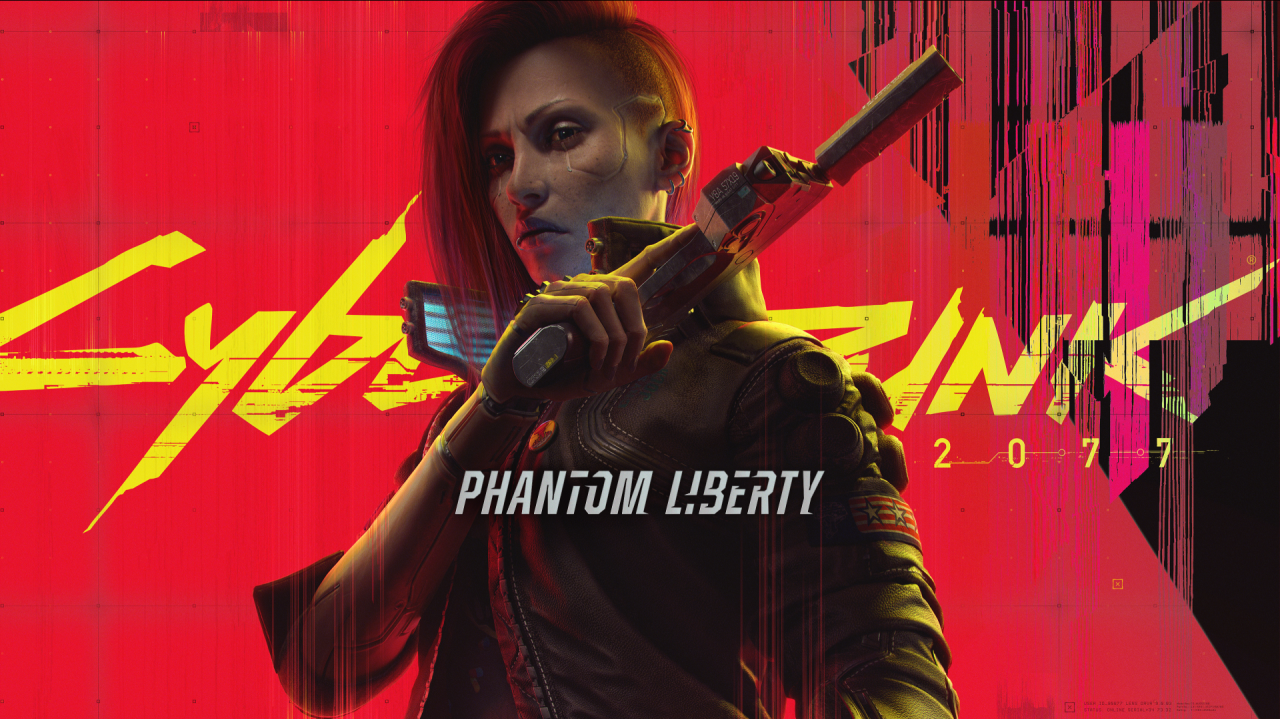 Visuel de Cyberpunk 2077: Phantom Liberty&nbsp;: V, cheveux rouges et arme sur l’épaule, devant le logo du jeu