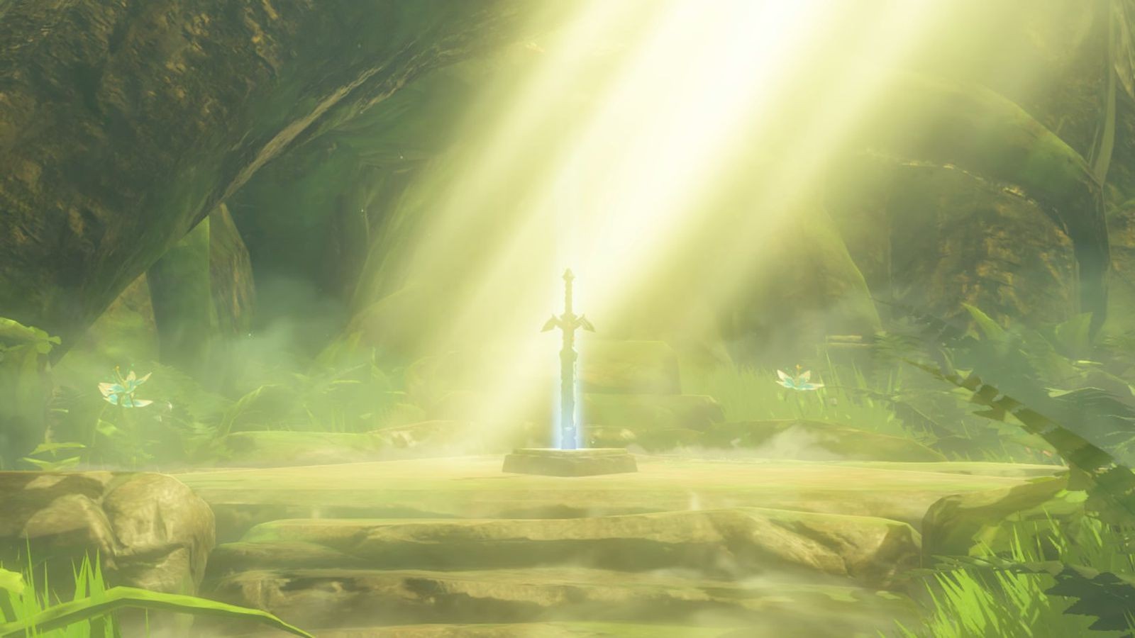 La Master Sword plantée dans son socle, éclairée par un rayon de lumière en forêt