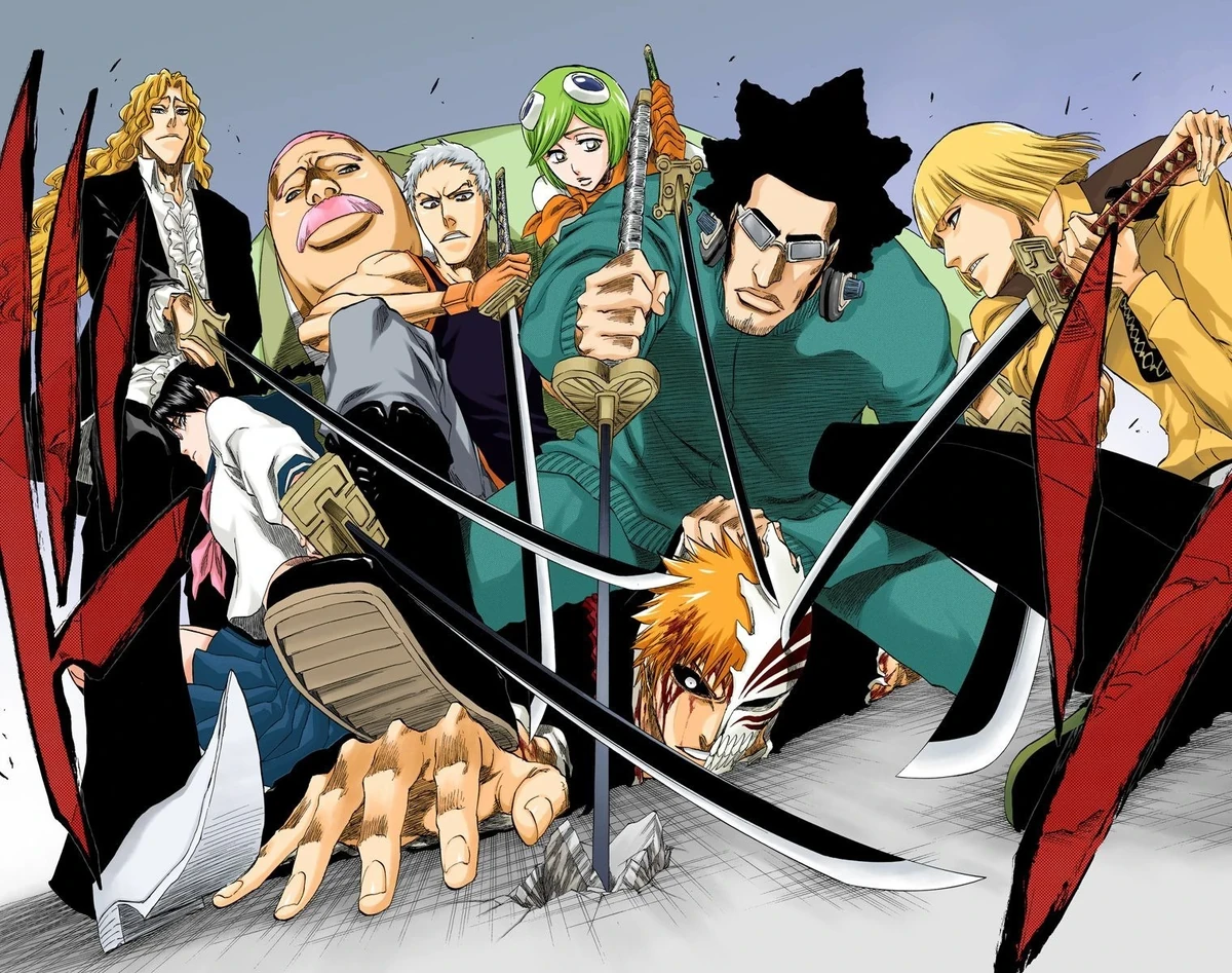 Planche couleur de Bleach&nbsp;: les Vizards entourent Ichigo, à terre et masqué