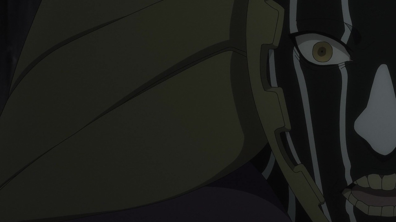 Gros plan sur le visage maquillé de noir et blanc de Mayuri Kurotsuchi dans l’anime Bleach