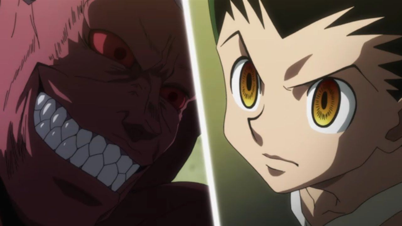 Capture de Hunter x Hunter&nbsp;: Youpi, sourire menaçant, face à Gon, déterminé