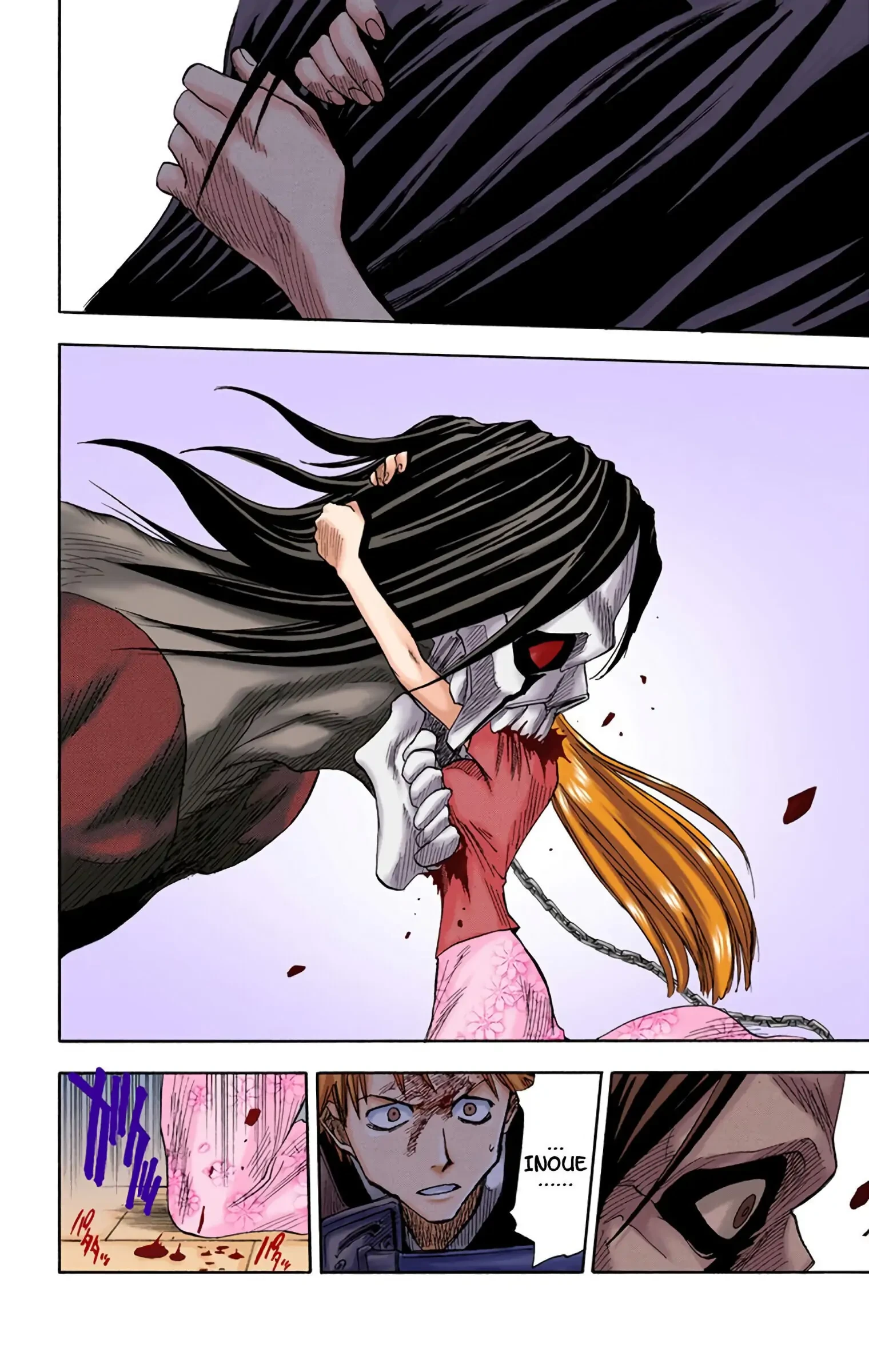 Planche couleur du manga Bleach&nbsp;: le Hollow Sora attaque Orihime sous les yeux d’Ichigo