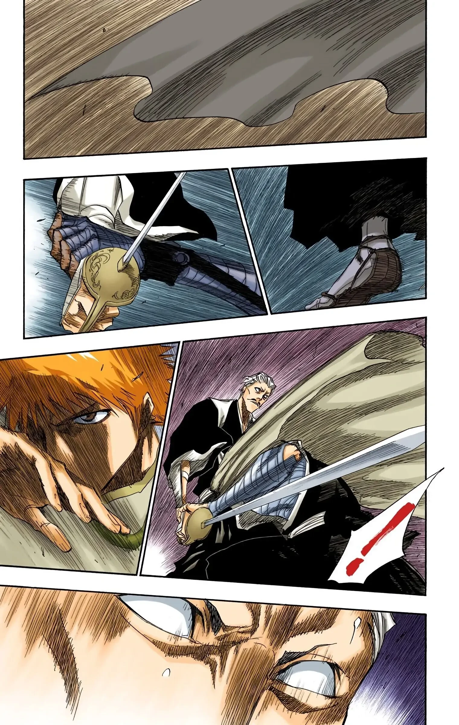 Planche couleur de Bleach&nbsp;: Ichigo face à Sasakibe, sa rapière à la main