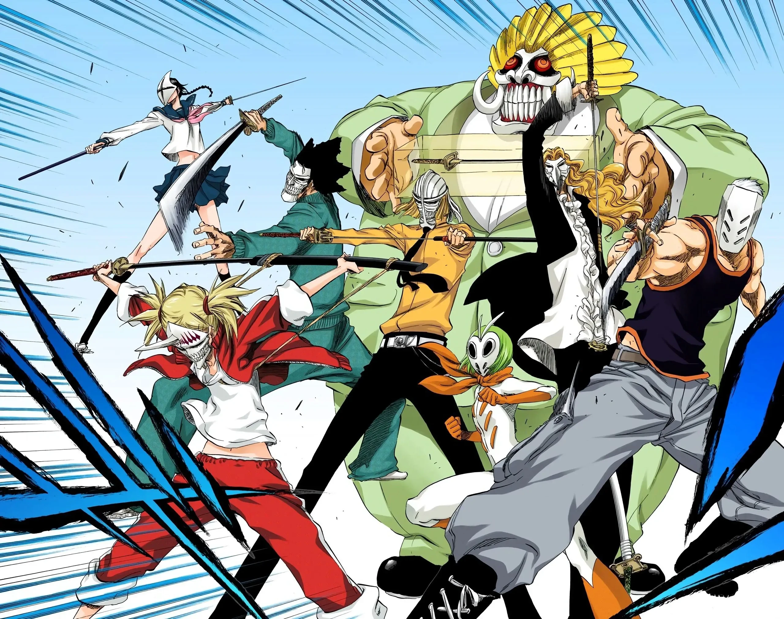 Planche couleur de Bleach&nbsp;: les Vizards, masques de Hollow sur le visage, dégainent leurs sabres