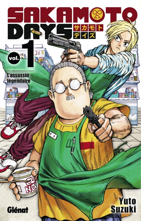 Couverture du tome 1 de Sakamoto Days chez Glénat&nbsp;: Taro Sakamoto et Shin pointent leurs armes