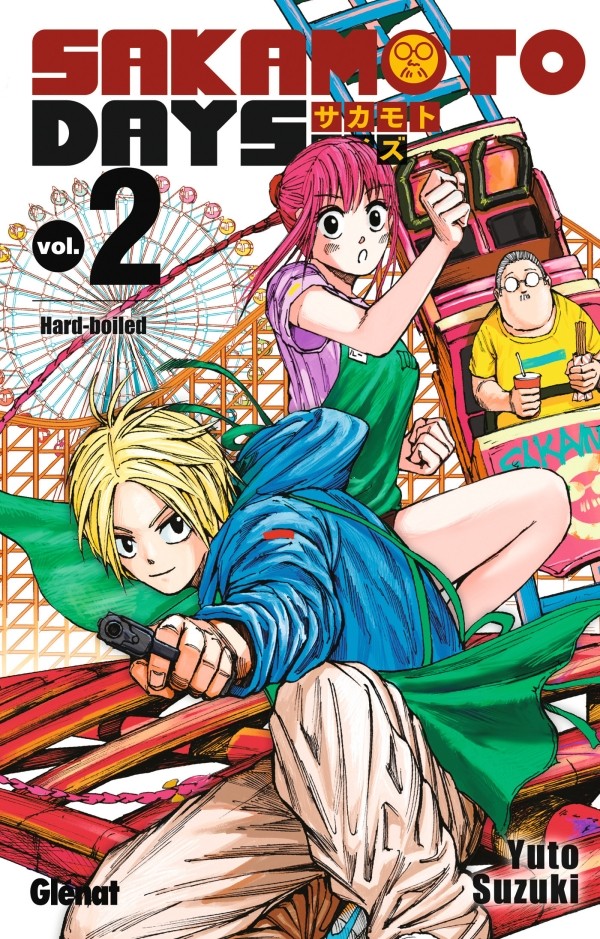 Couverture du tome 2 de Sakamoto Days chez Glénat&nbsp;: Shin et Lu devant une fête foraine