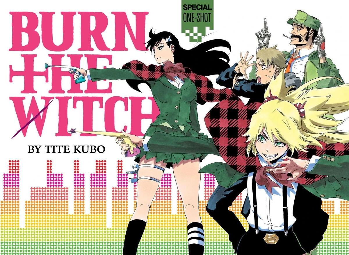 Page couleur du one shot BURN THE WITCH de Tite Kubo&nbsp;: Noel et Ninny, armes en main, et deux hommes
