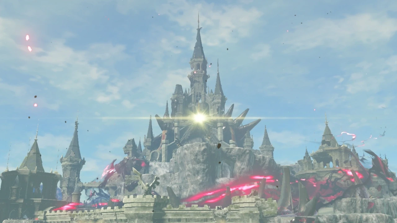 Le château d’Hyrule entouré de la brume rouge et noire de Ganon