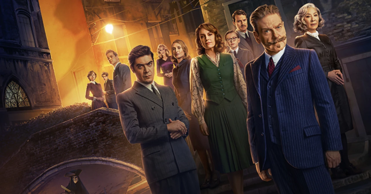 Visuel de Mystère à Venise&nbsp;: Hercule Poirot et les suspects dans une ruelle de Venise, de nuit
