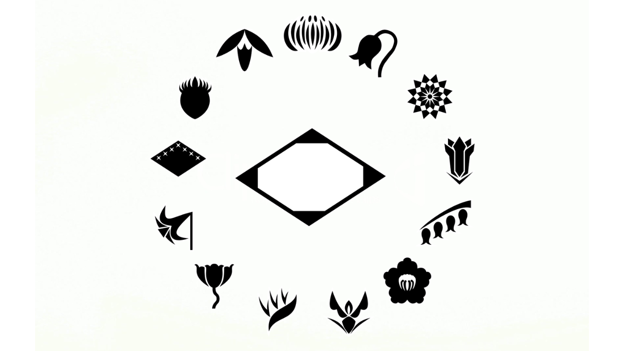 Les emblèmes floraux des treize divisions du Gotei 13, disposés en cercle autour d’un losange